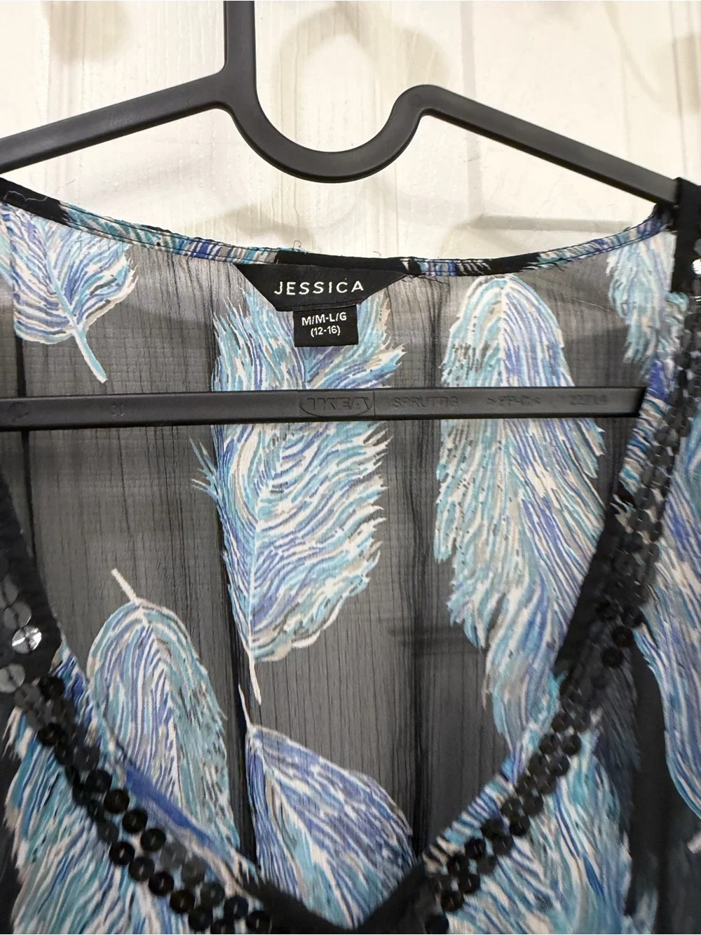 Jessica Black Sheer Cover up with Blue Feather Motif - Picture 4 of 5